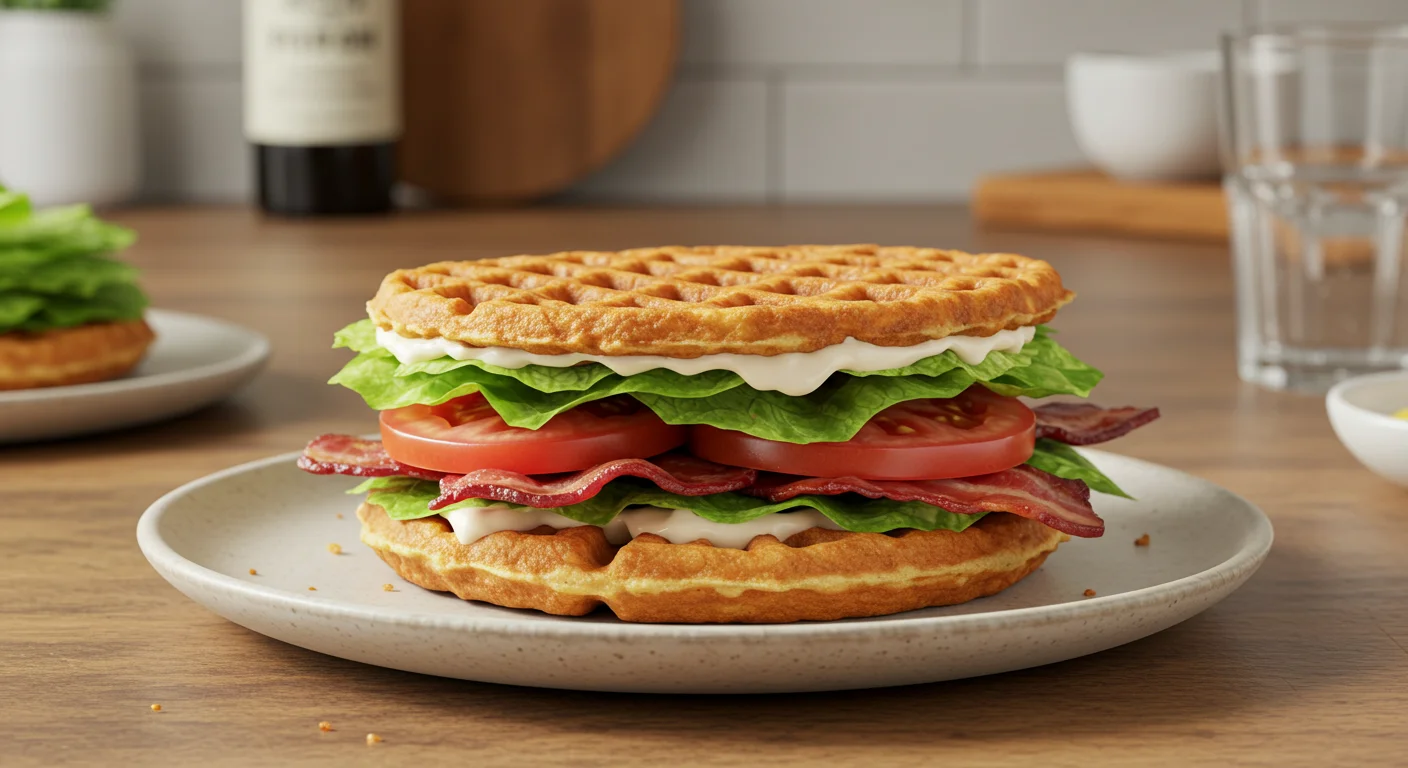 Keto BLT Chaffle Sandwich Top-down view of Keto BLT Chaffle Sandwich with visible layers of chaffles, lettuce, tomato, and bacon, surrounded by scattered ingredients.