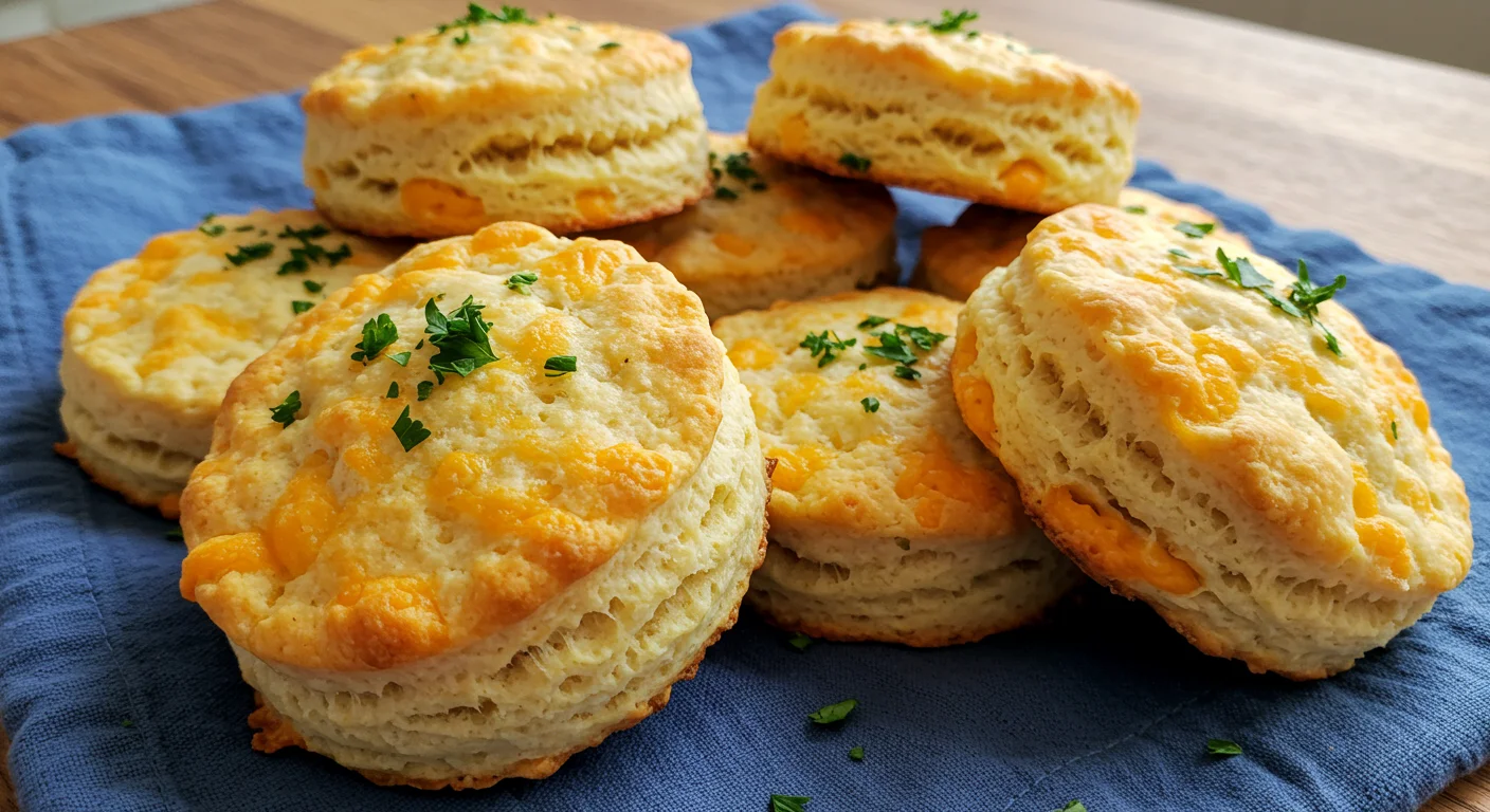 Keto Cheddar Biscuits Freshly baked keto cheddar biscuits on a blue napkin, golden brown with parsley garnish, captured in natural light.
