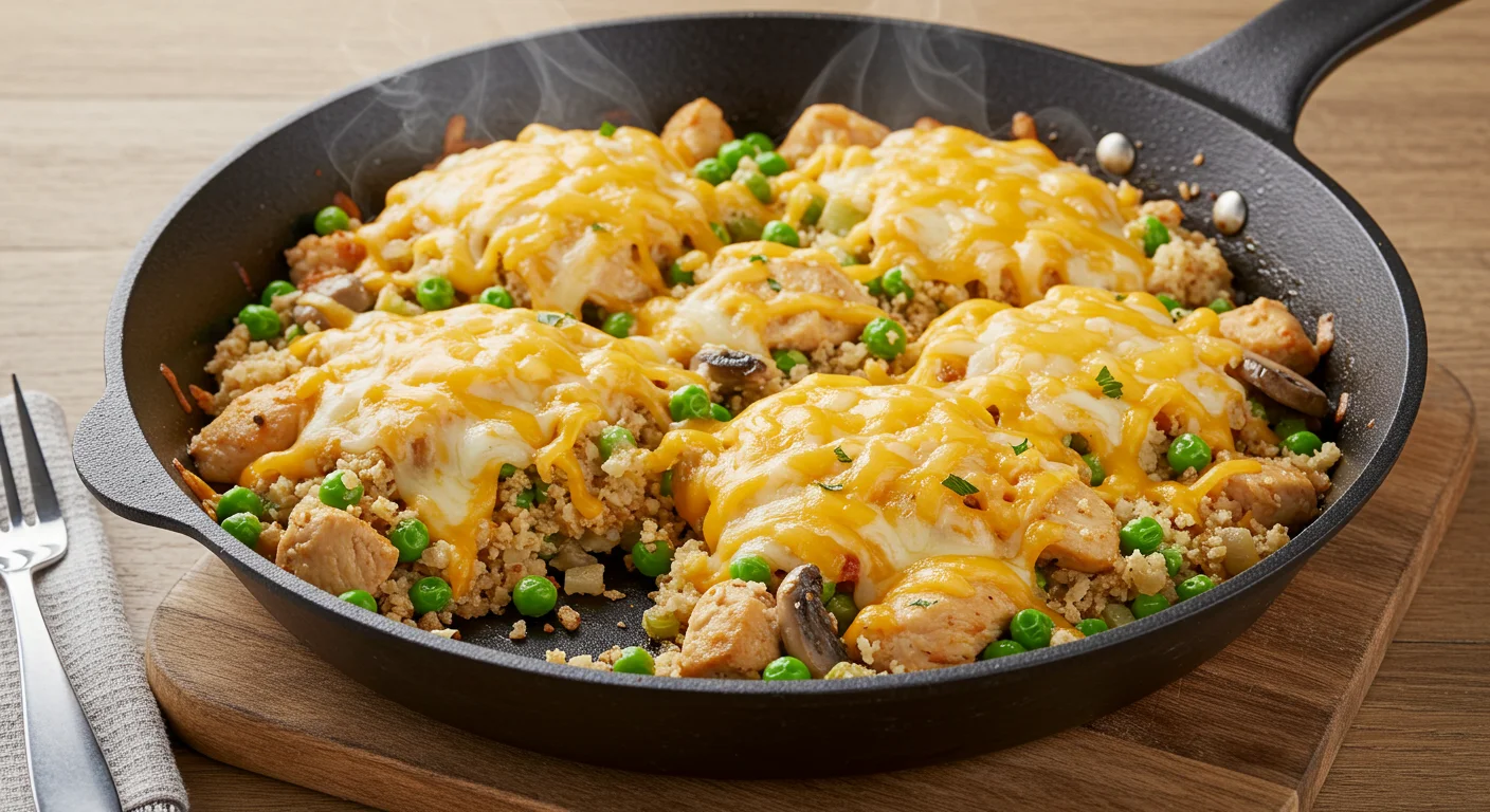 Keto Mexican Cheesy Chicken Skillet Keto Mexican Cheesy Chicken Skillet in a skillet with melted cheese, chicken, cauliflower rice, peas, and mushrooms. Casual mobile camera shot on a wooden table.