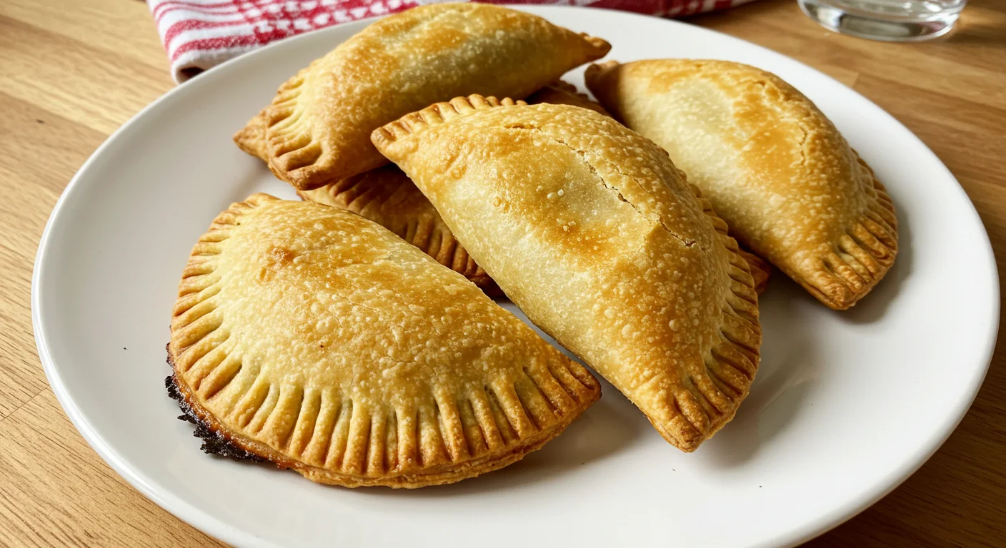 Keto Empanadas Freshly baked Keto Empanadas with golden edges on a white plate, placed on a wooden table with a red-and-white kitchen towel.