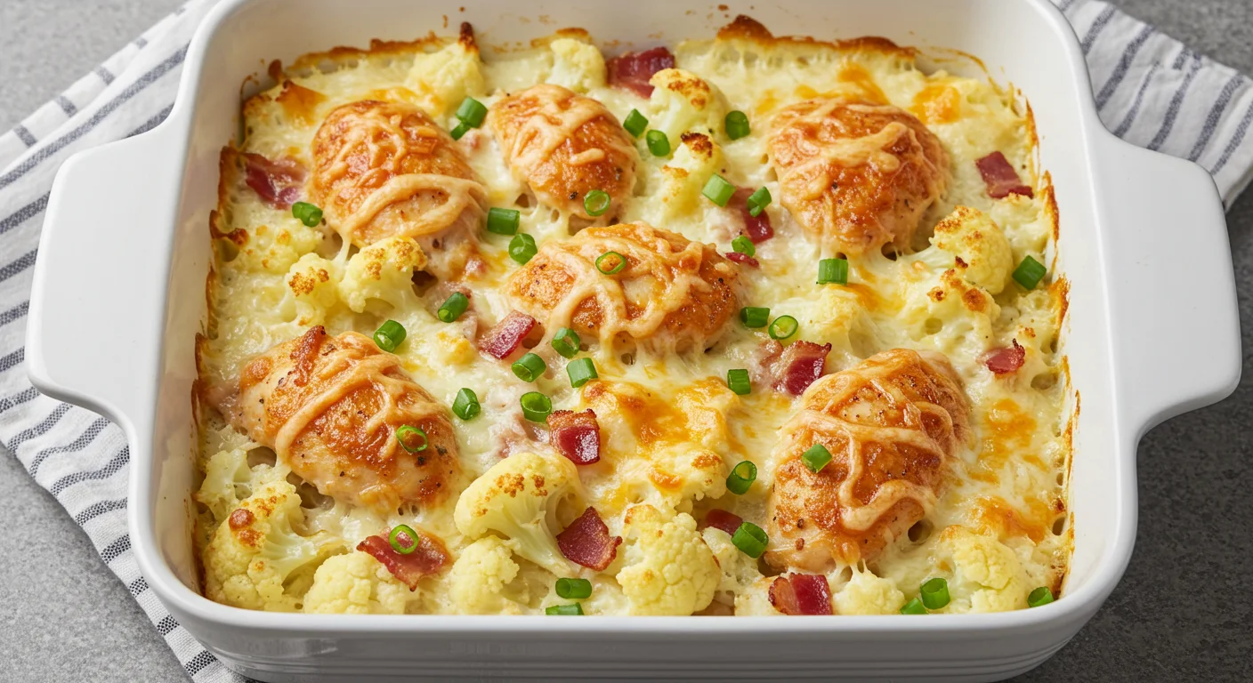 Keto Creamy Chicken, Bacon & Cauliflower Bake Golden, bubbly keto creamy chicken, bacon, and cauliflower bake in a white dish, garnished with green onions, photographed casually on a kitchen counter.