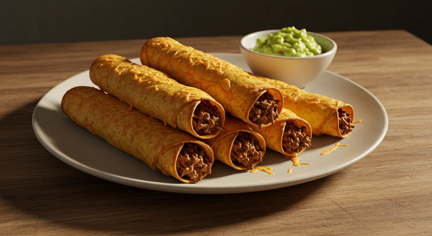 Keto Beef Taquitos Diagonal view of crispy keto beef taquitos on a plate, served with dips like guacamole and sour cream on a casual table setting.
