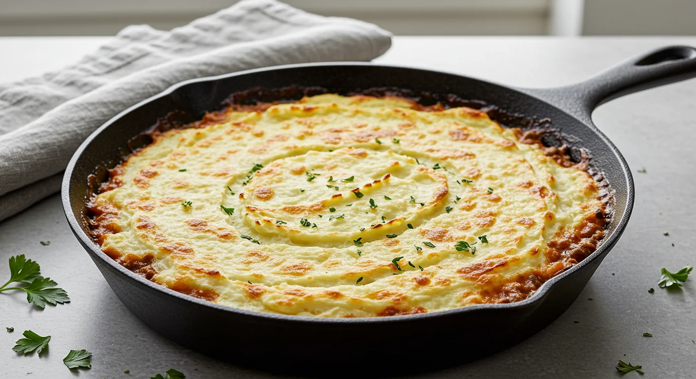 High-protein Shepherd's Pie Freshly baked shepherd’s pie with golden cauliflower topping in a cast-iron skillet, captured at a casual handheld angle.