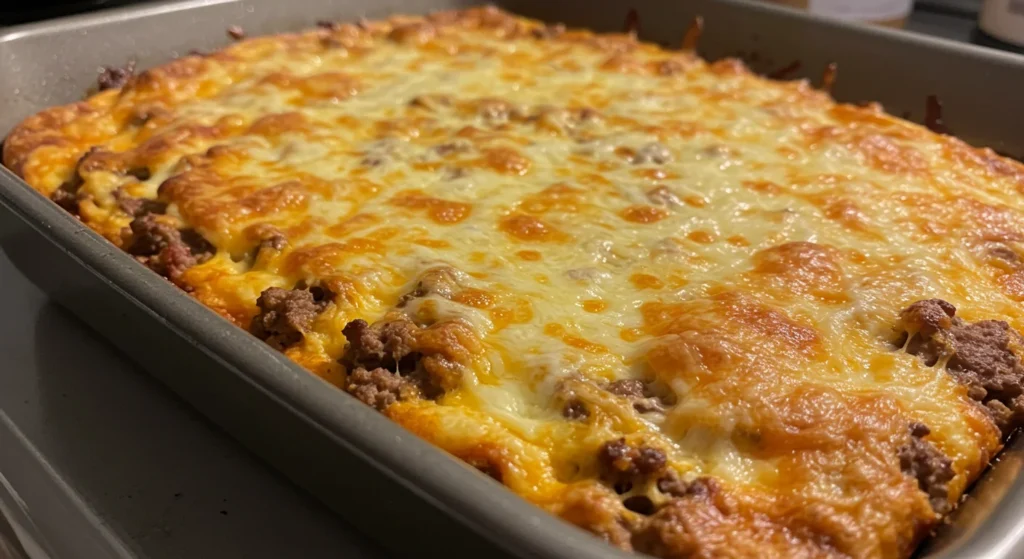 Keto Hamburger Bake Cheeseburger Casserole Freshly baked keto cheeseburger casserole in a pan with golden cheese topping, captured casually on a kitchen countertop.