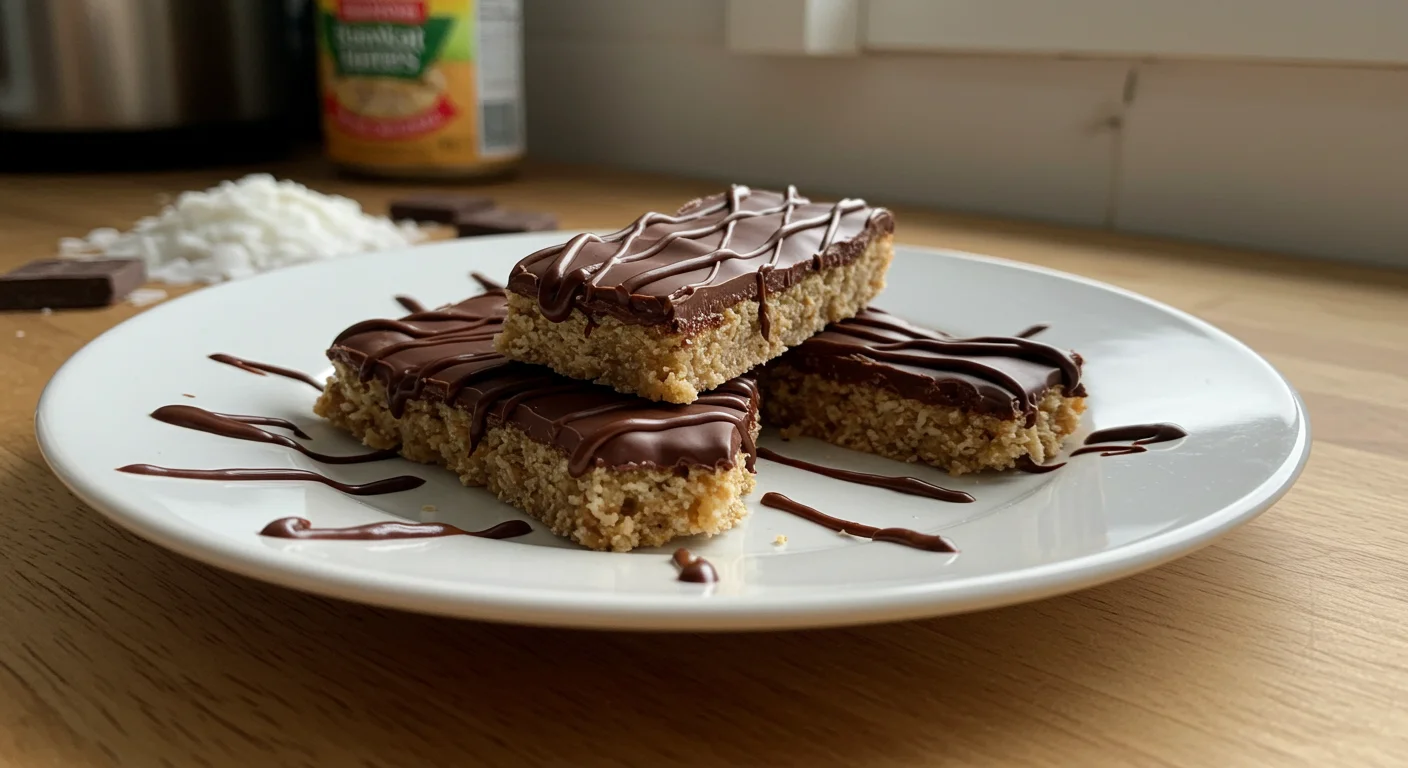 Keto Bounty Bars Keto bounty bars with chocolate drizzle on a white plate, photographed casually with a kitchen counter in the background.
