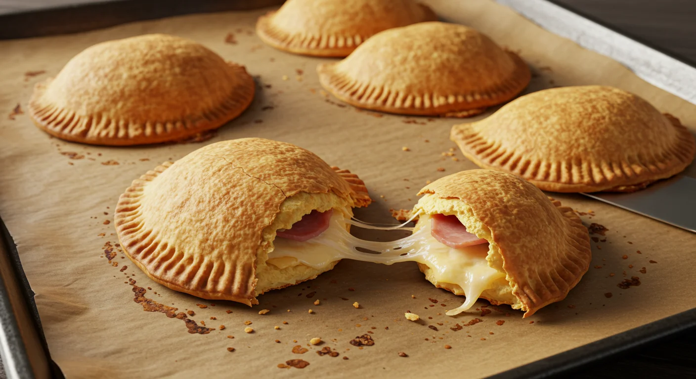 Keto Hot Pockets Golden baked keto hot pockets on parchment paper, one torn open showing melted cheese and ham, captured in casual lighting.
