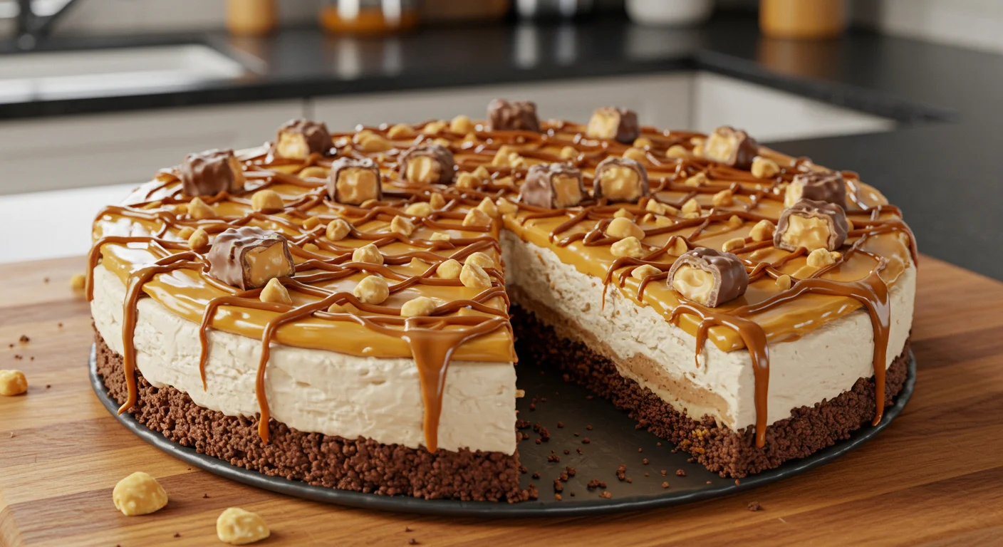 Keto Snickers Cheesecake Handheld photo of Keto Snickers Cheesecake on a wooden board, with creamy layers, caramel drizzle, and chopped peanuts, set in a casual kitchen.
