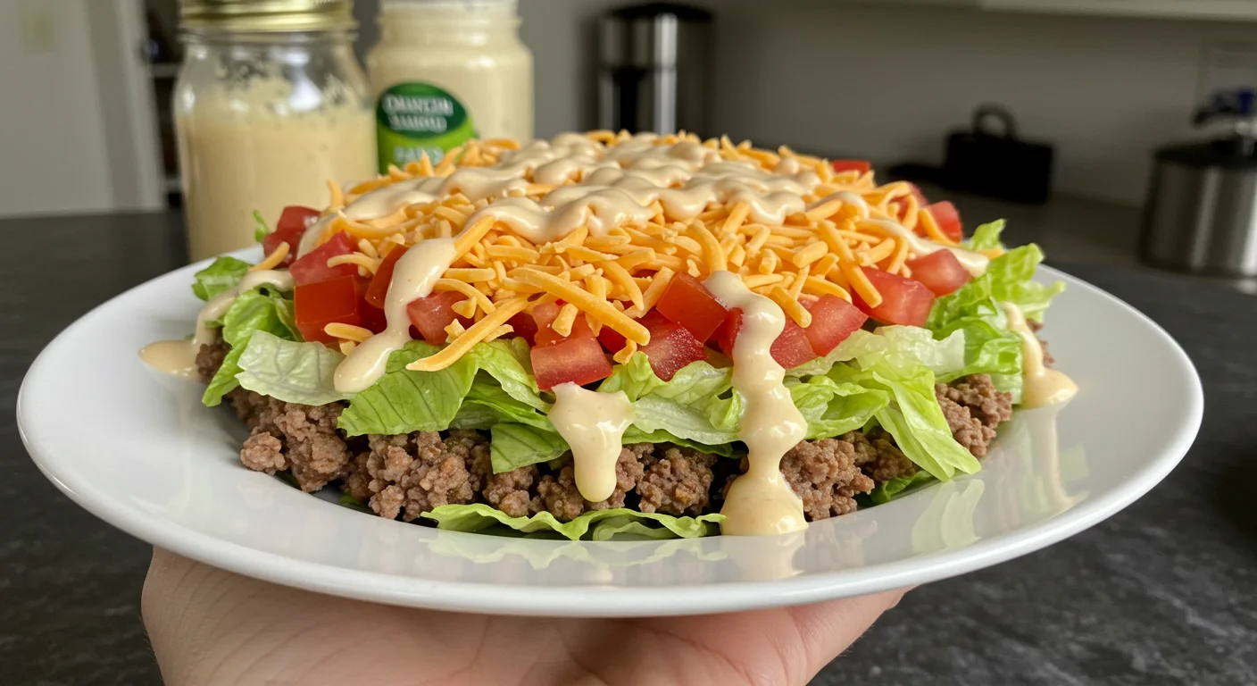 Keto Mac Salad Close-up of Keto Mac Salad on a white plate with lettuce, beef, cheese, and sauce, taken in a casual home kitchen.
