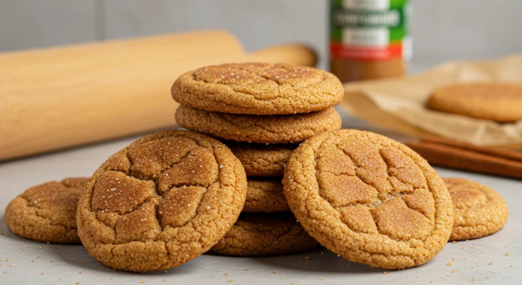 Keto Snickerdoodles Freshly baked Keto Snickerdoodles stacked on a counter with a cinnamon-sugar coating, shot in a casual kitchen setting.