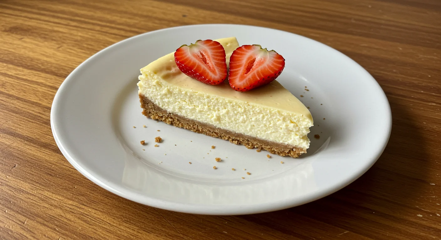 Keto Cheesecake A slice of keto cheesecake with strawberry halves on a white plate, taken casually on a wooden table with soft lighting.
