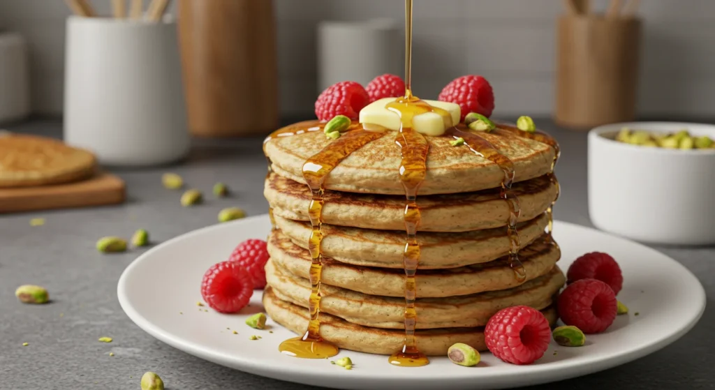 Keto Pancakes Stack of keto pancakes with butter, syrup, raspberries, and pistachios on a white plate, casually photographed on a kitchen counter.