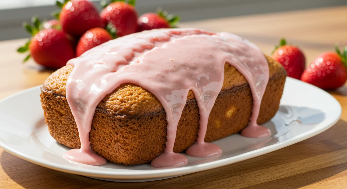 Keto Strawberry Cheesecake Fat Bombs
Loaf of keto strawberry cheesecake bread with pink glaze on a white plate, fresh strawberries in the background, casually photographed.