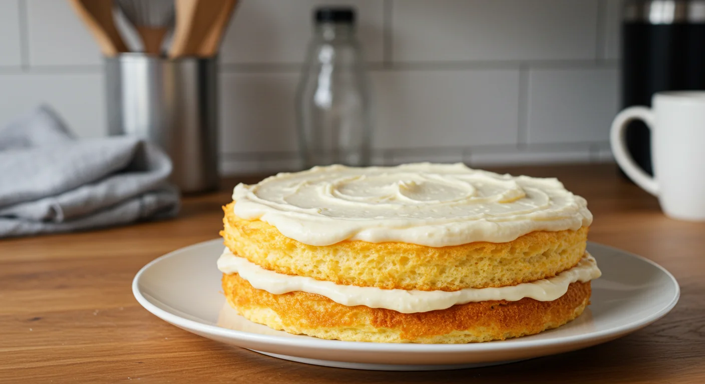 Keto Cloud Cake Golden-brown Keto Cloud Cake on a white plate, hand-frosted, photographed off-center in natural light with a cozy kitchen background.