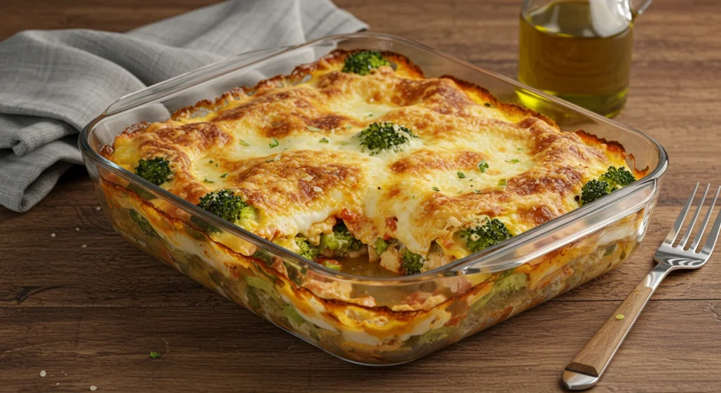 Cheesy Chicken Broccoli Lasagna Cheesy chicken broccoli lasagna bubbling in a glass dish on a rustic table with a fork and olive oil.