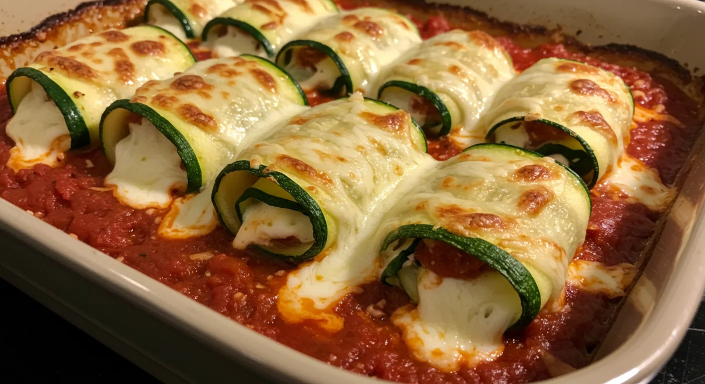 Zucchini Lasagna Roll Ups
Close-up of baked Zucchini Lasagna Roll-Ups bubbling with cheese and marinara in a rustic dish, handheld photo style.