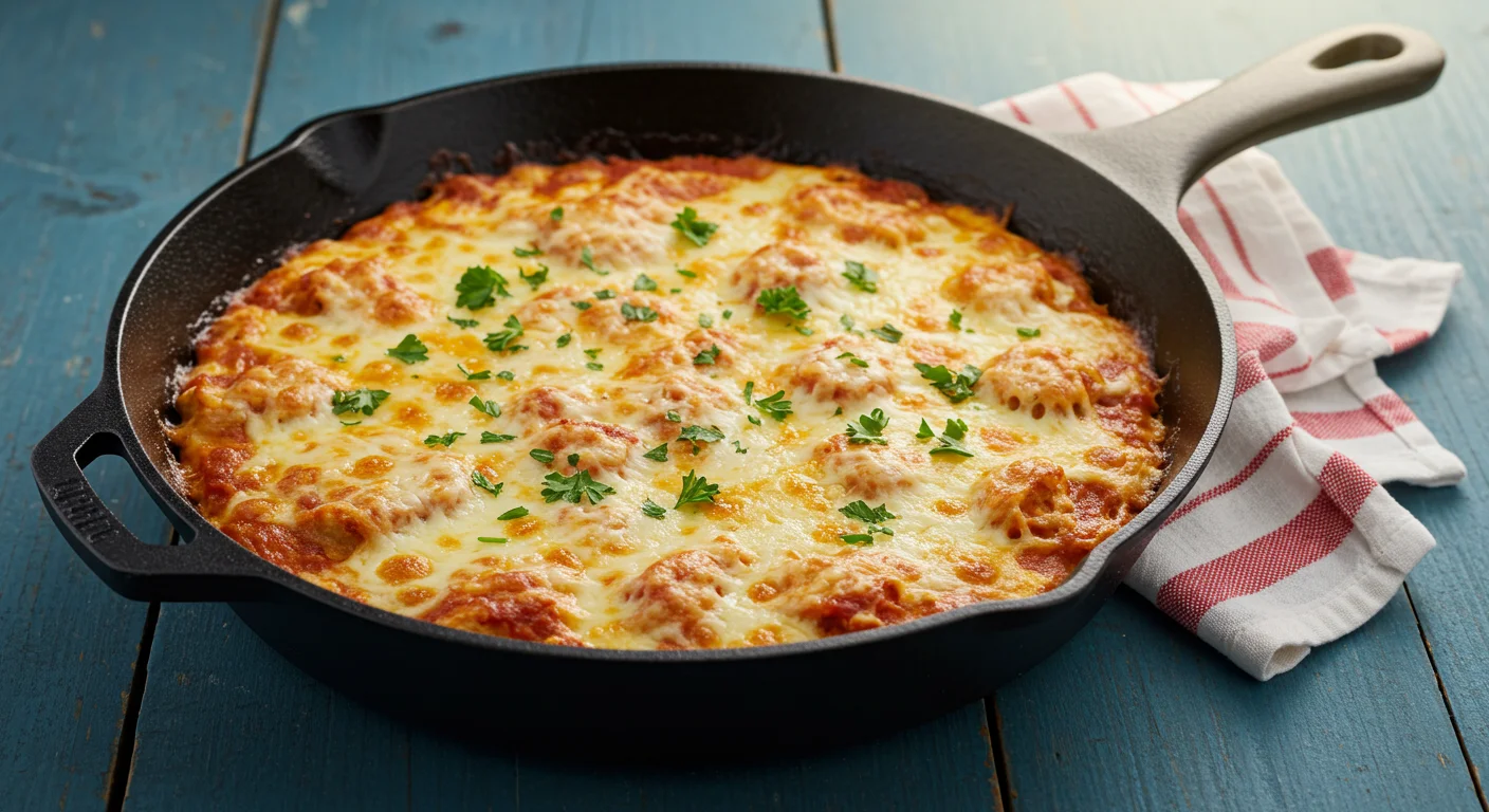 Keto Chicken Pizza Casserole Freshly baked Keto Chicken Pizza Casserole in a cast iron skillet, bubbling with melted cheese, garnished with parsley, on a rustic blue counter with a red-and-white towel.