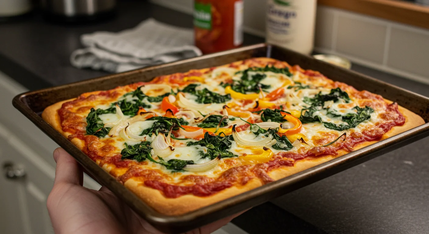 Crispy Sheet Pan Pizza Freshly baked crispy sheet pan pizza in a baking pan with melted cheese and toppings on a rustic countertop with natural lighting.