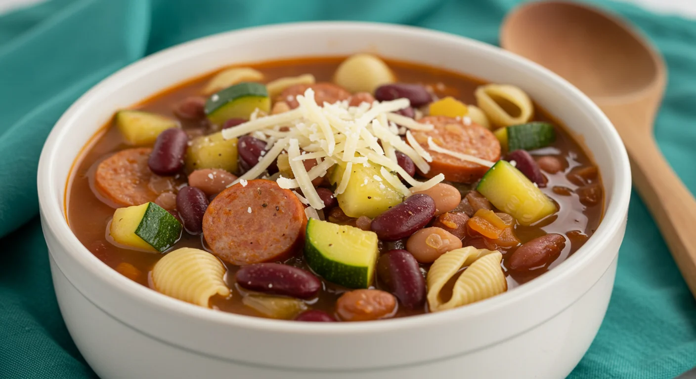 High-Protein Sausage & Kidney Bean Soup High-protein sausage and kidney bean soup in a white bowl, showing zucchini, beans, sausage, and pasta with cheese on top, casually photographed with a napkin and spoon in the background.