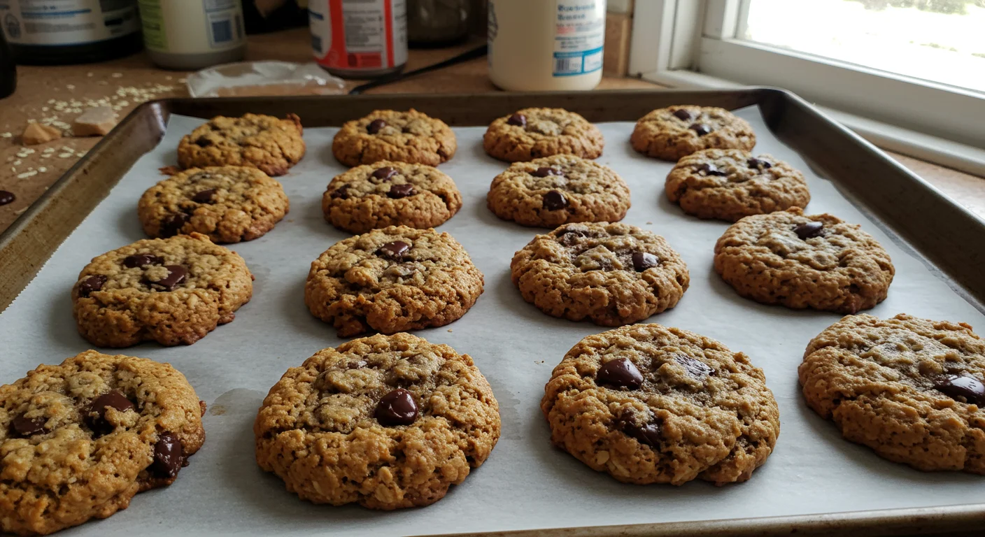 Irresistible High-Protein Chocolate Chip Cookies Freshly baked oatmeal chocolate chip cookies on a cooling rack with natural lighting and a cluttered kitchen background.