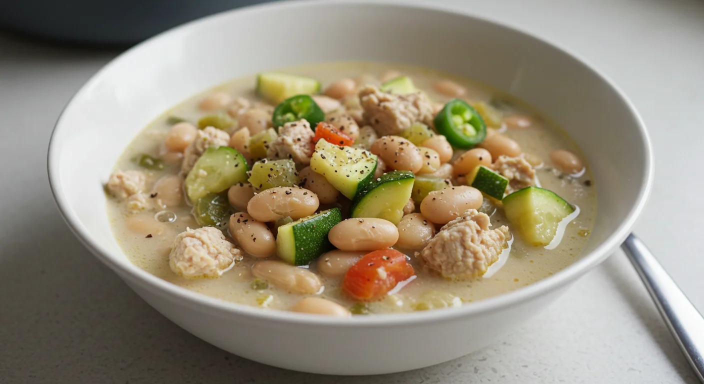 High-Protein White Turkey Chili A creamy bowl of white turkey chili with beans, zucchini, and spices, captured casually on a kitchen table.