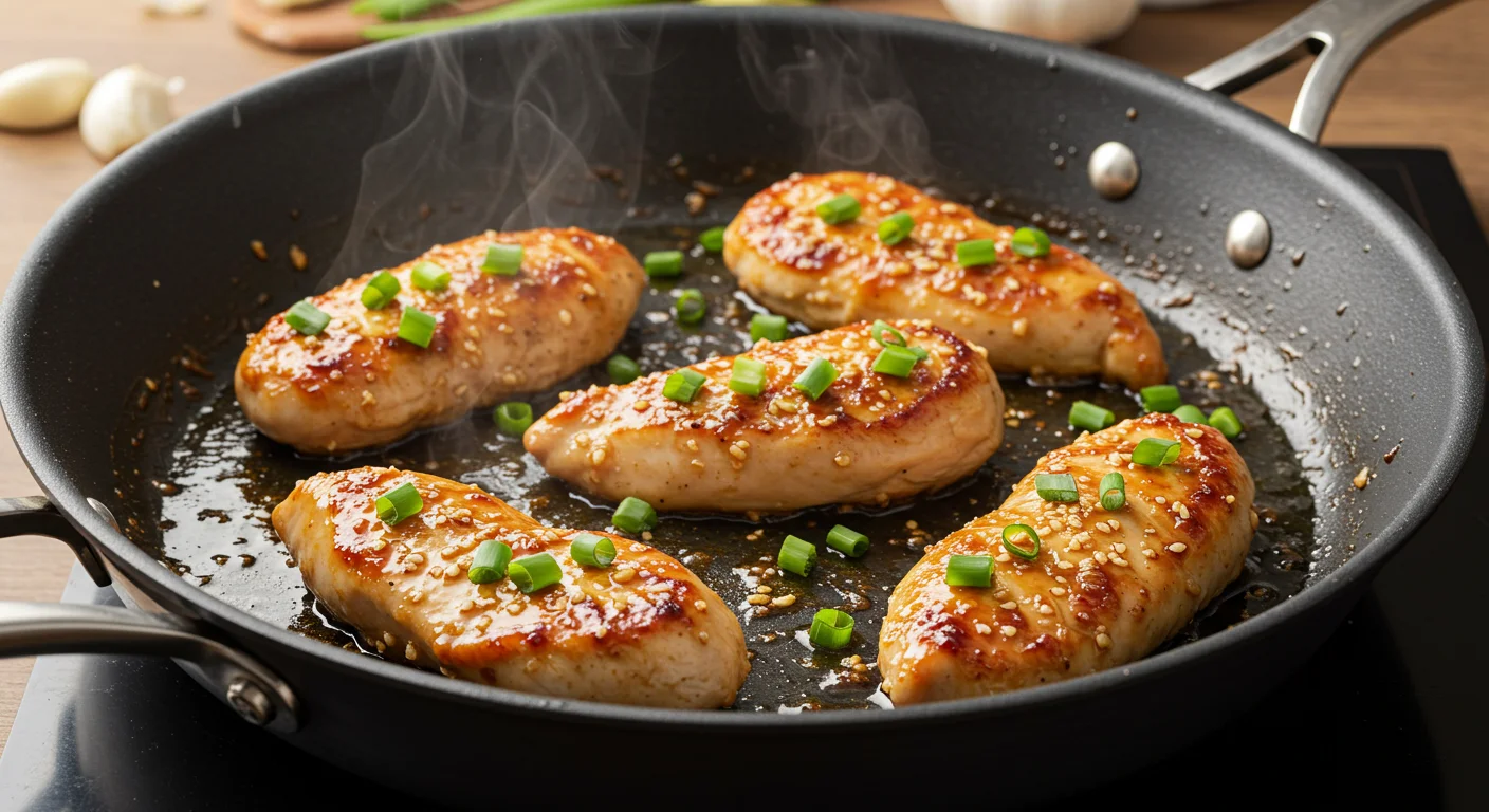 High-Protein Honey-Garlic Chicken Tenderloins Freshly cooked High-Protein Honey-Garlic Chicken Tenderloins in a skillet, glazed with honey-garlic sauce and garnished with scallions, captured in a handheld, casual style.
