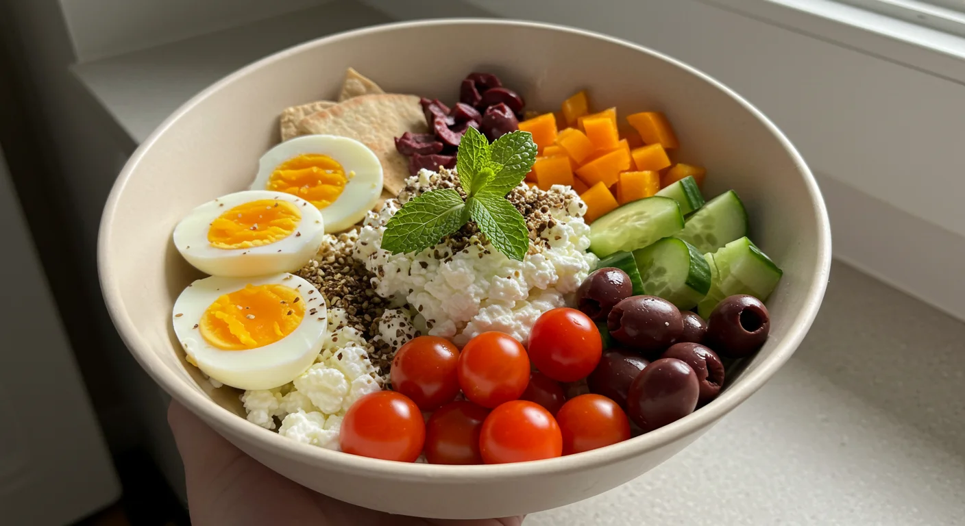 High-Protein Cottage Cheese Salad Freshly prepared High-Protein Salad Cottage Cheese Bowl with cottage cheese, eggs, vegetables, mint, and za’atar, captured casually on a countertop with natural light.