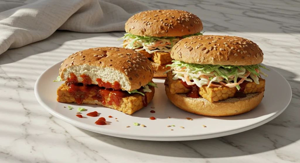 High-Protein BBQ Tempeh Sandwich Messy BBQ tempeh sandwiches on a white plate with sauce spilling out, captured in soft natural light on a marble countertop.