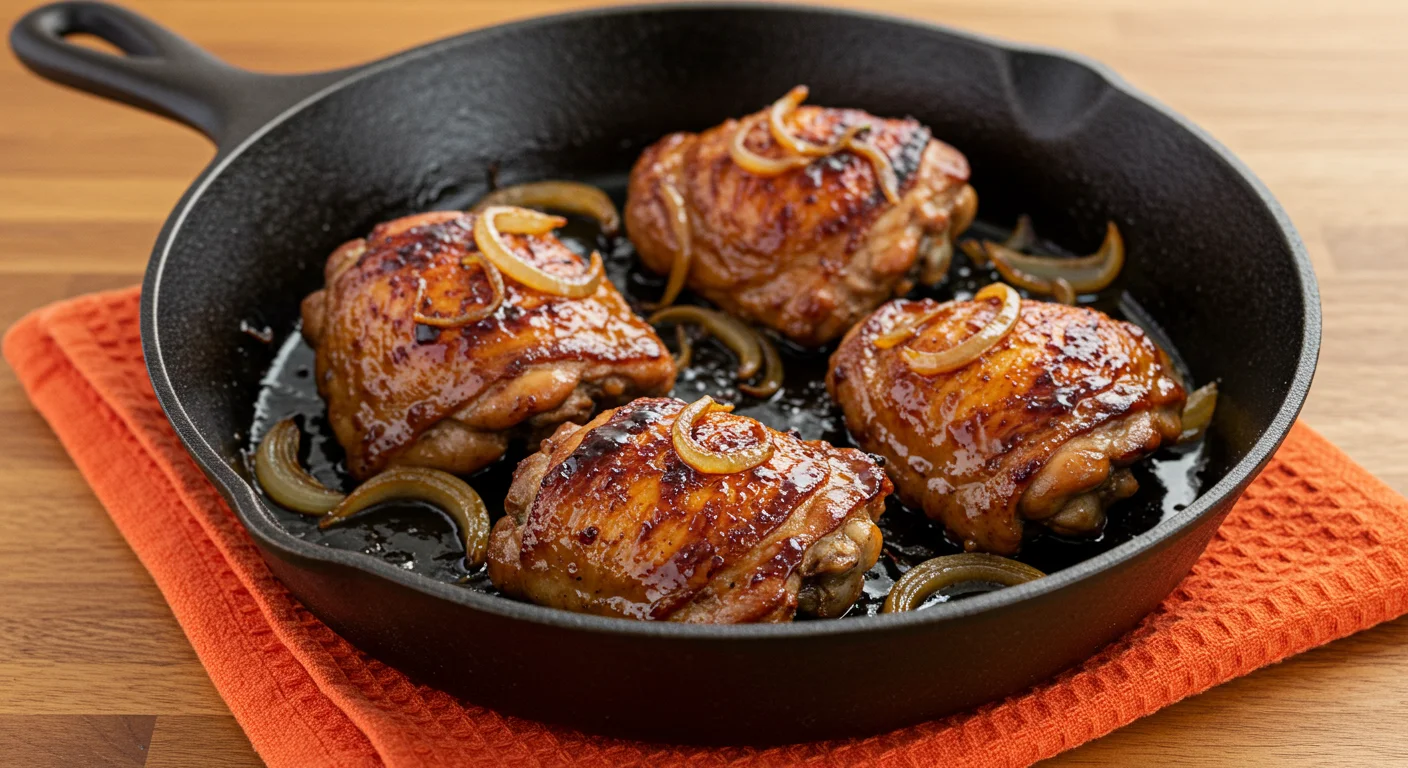 High-Protein Balsamic Chicken Thighs Skillet balsamic chicken thighs with caramelized onions, captured in a rustic cast-iron skillet under natural light.