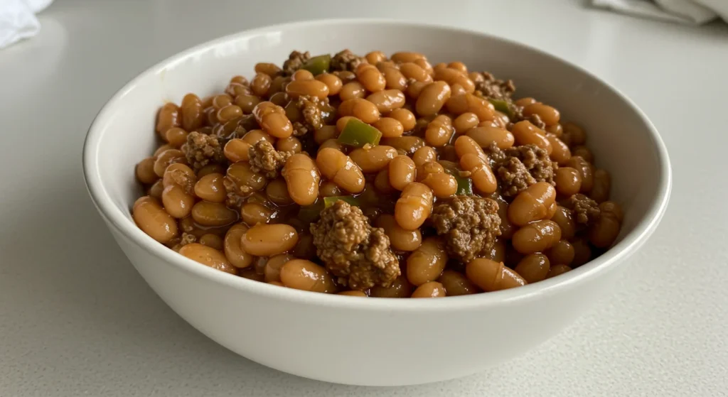 High-Protein Baked Beans with Ground Beef A handheld shot of baked beans with ground beef in a bowl, coated in glossy sauce with visible beef and peppers, on a white countertop with natural light.