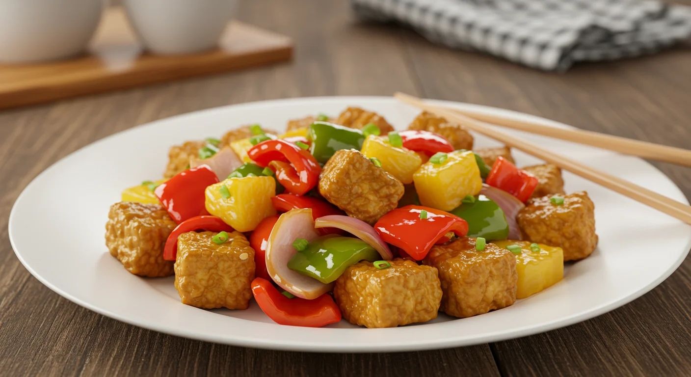 High-Protein Sweet & Sour Tofu Handheld photo of sweet and sour tofu with veggies on a plate, chopsticks resting on the side, set on a rustic table.