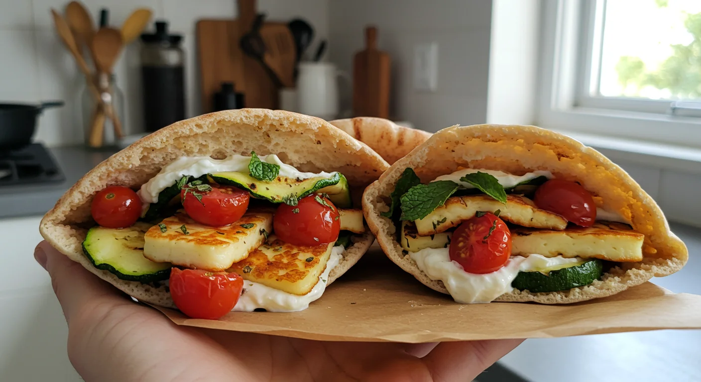 High-Protein Grilled Halloumi Pita Wraps Handheld shot of prepared Grilled Zucchini & Halloumi Pitas with grilled halloumi, zucchini, tomatoes, and yogurt sauce on a kitchen counter.