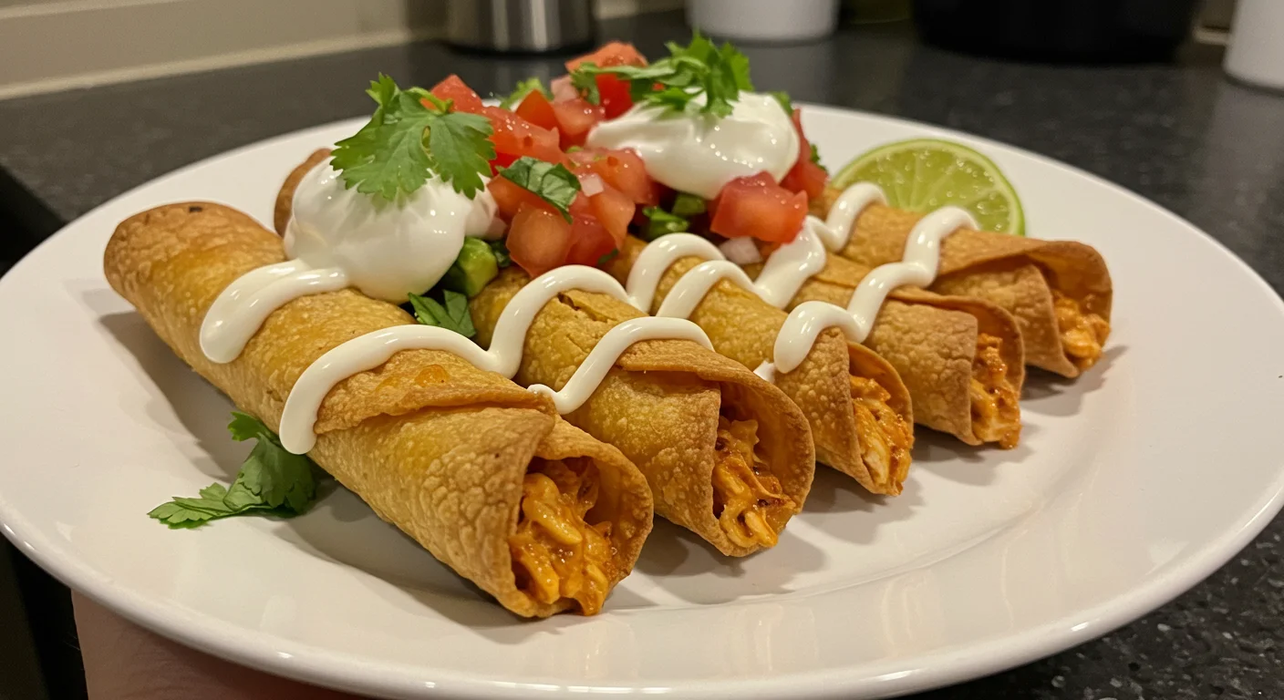 High-Protein Air-Fryer Chicken Taquitos Handheld photo of crispy chicken taquitos on a white plate topped with sour cream, pico de gallo, and cilantro, with lime wedges.