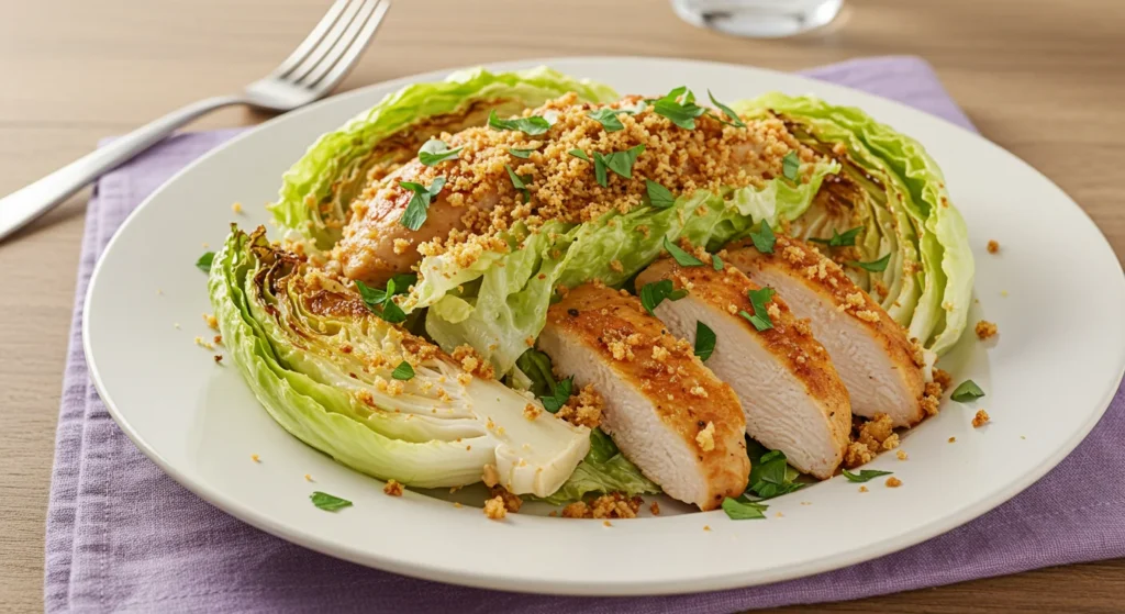 High-Protein Caesar Salad Handheld photo of roasted cabbage Caesar salad with chicken, topped with breadcrumbs and parsley on a white plate with a lavender napkin.