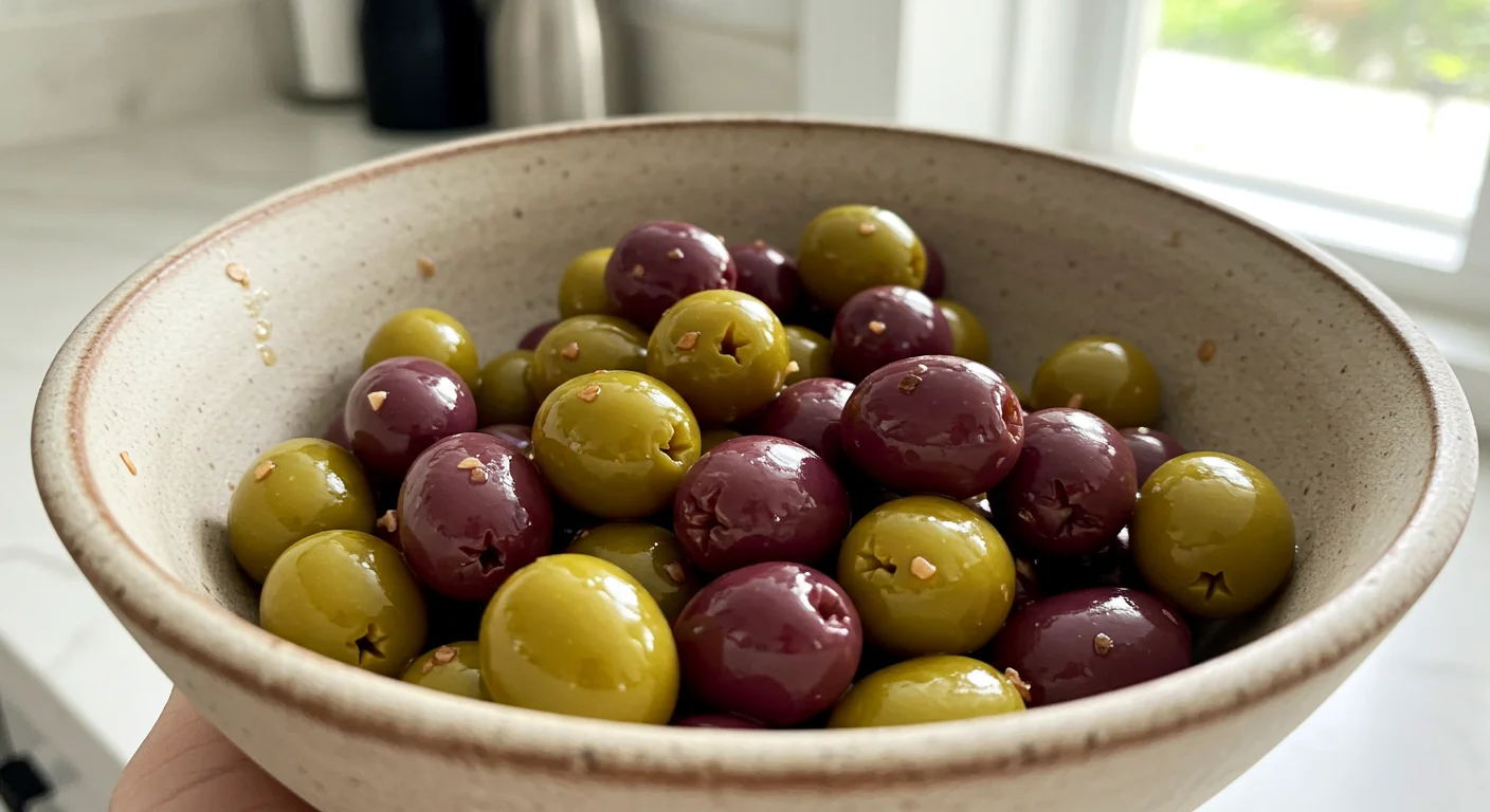 Keto Almond-Stuffed Olives Keto Marinated Almond-Stuffed Olives in a ceramic bowl, captured casually on a kitchen counter.