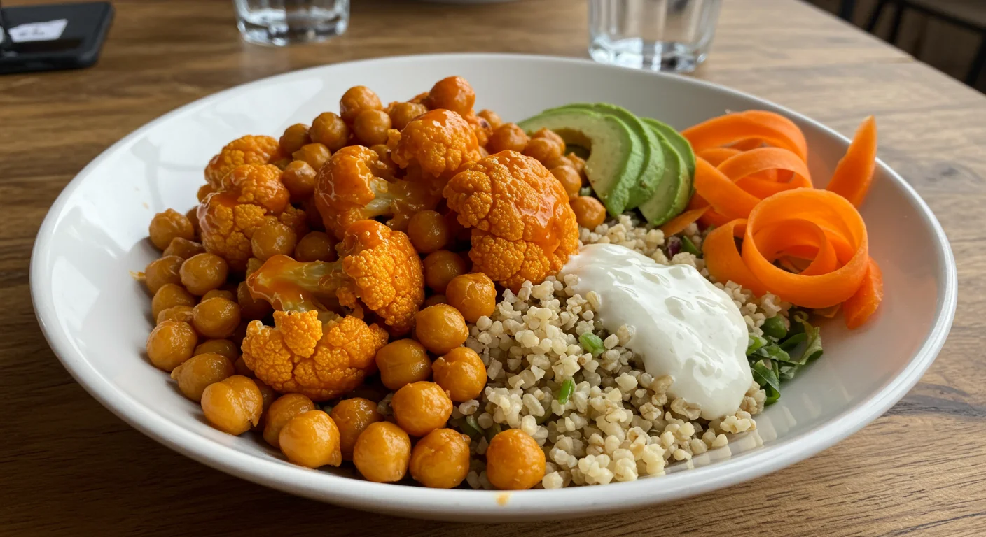 High-Protein Buffalo Cauliflower Bowl Hand holding a fork above a Buffalo cauliflower grain bowl with roasted cauliflower, yogurt dressing, carrot ribbons, and avocado, styled on marble.