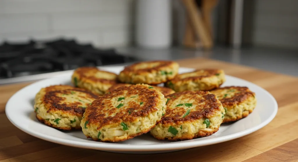keto Crab Cakes Side view of keto crab cakes showing crispy texture with a blurred kitchen background.