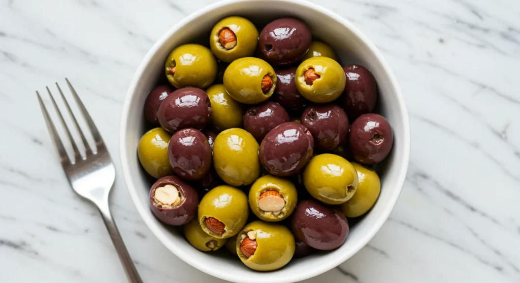 Keto Almond-Stuffed Olives Top-down view of marinated olives with almonds in a bowl, with a fork nearby on a kitchen counter.