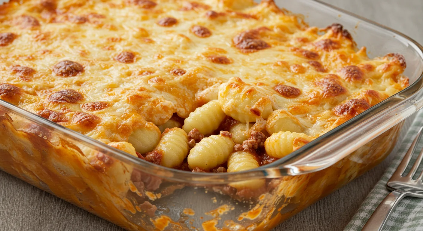 WW Cheesy Gnocchi Casserole Close-up side view of WW Cheesy Gnocchi Casserole with golden cheese, saucy gnocchi, and bubbly edges in a glass baking dish.