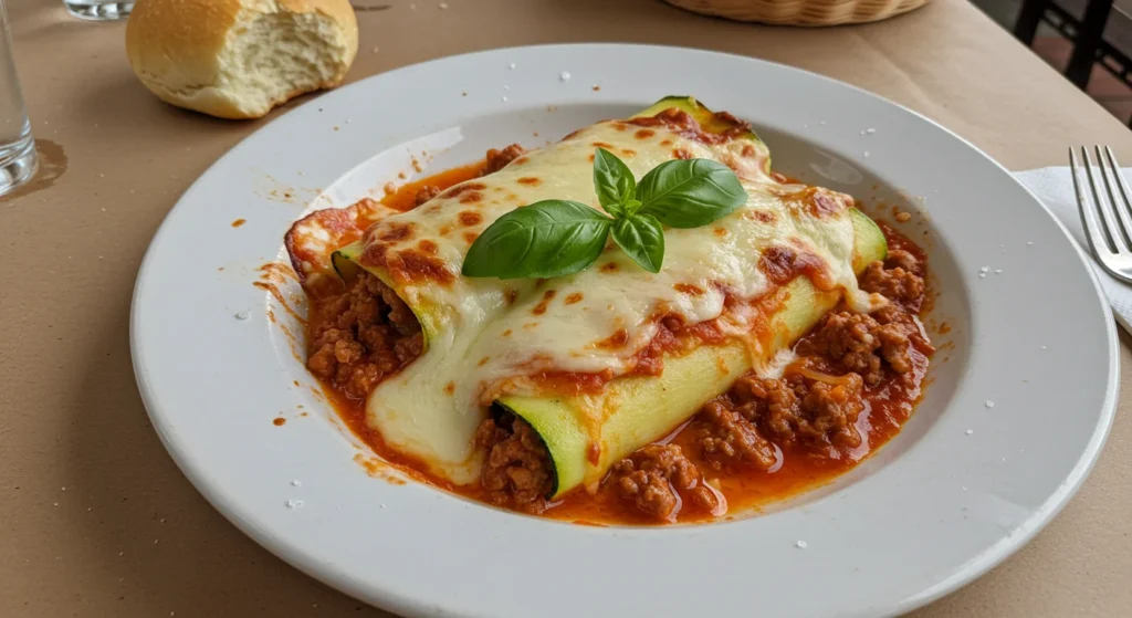 WW Zucchini Cannelloni with Pork Ragu Overhead shot of zucchini cannelloni on a white plate, topped with melted cheese and basil, with a fork and a partially eaten roll in the background.
