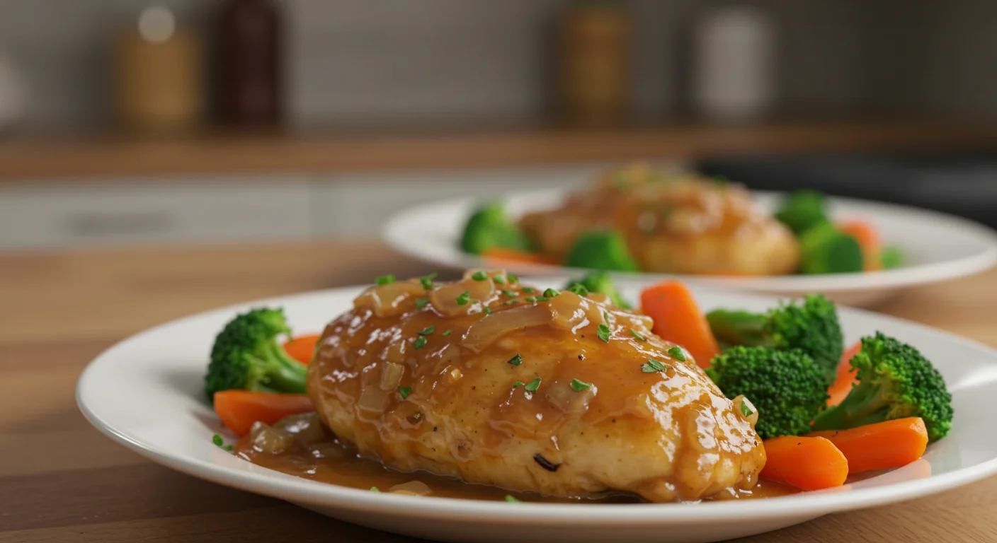 WW Instant Pot Honey Mustard Chicken Close-up of WW Pot Honey Mustard Garlic Chicken with honey mustard sauce and vegetables on a white plate, with a blurred kitchen background.