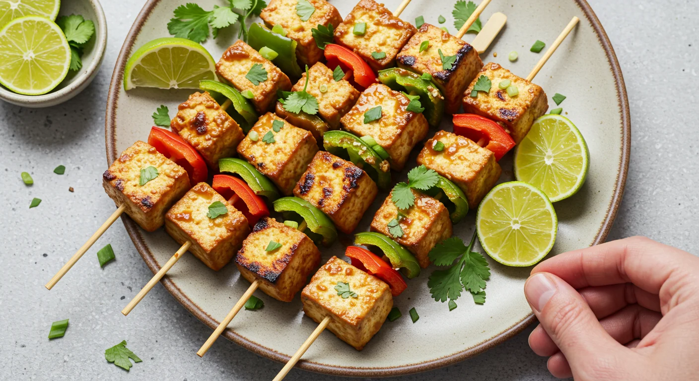 WW Satay Tofu & Peppers Close-up of grilled WW Satay Tofu skewers with char marks, peanuts, and mint on a rustic white plate, casually styled.