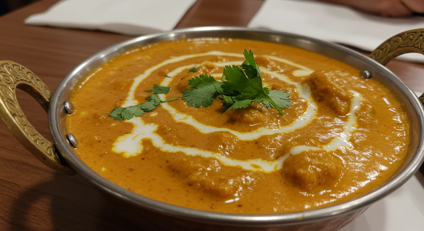 WW Slow-Cooker Butter Chicken Close-up of butter chicken in a bowl, creamy sauce with cilantro garnish, on a wooden table with a napkin in the background.
