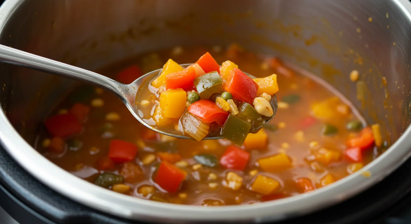 Zero Point WW Stuffed Pepper Soup Close-up of Zero Point WW Stuffed Pepper Soup in an Instant Pot, with a spoon dipping into the hearty mix of peppers and turkey.