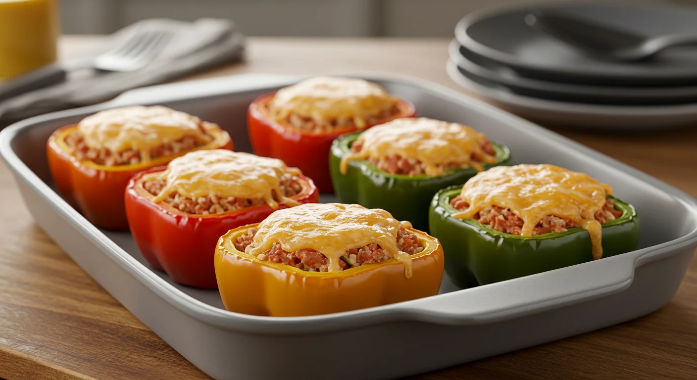 One-Point WW Ground Chicken Stuffed Peppers Side view of baked stuffed peppers in a white dish, highlighting crispy cheese and vibrant peppers, with a blurred kitchen background.