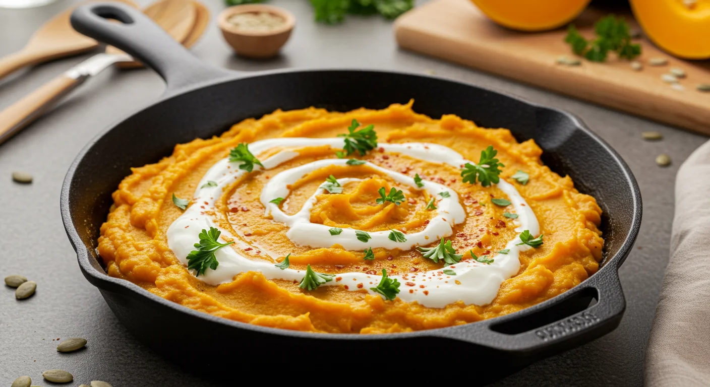 Zero-Point WW Spiced Pumpkin Mash Over-the-shoulder view of pumpkin mash in a skillet, garnished with yogurt, parsley, and paprika, with a blurred kitchen scene in the background.