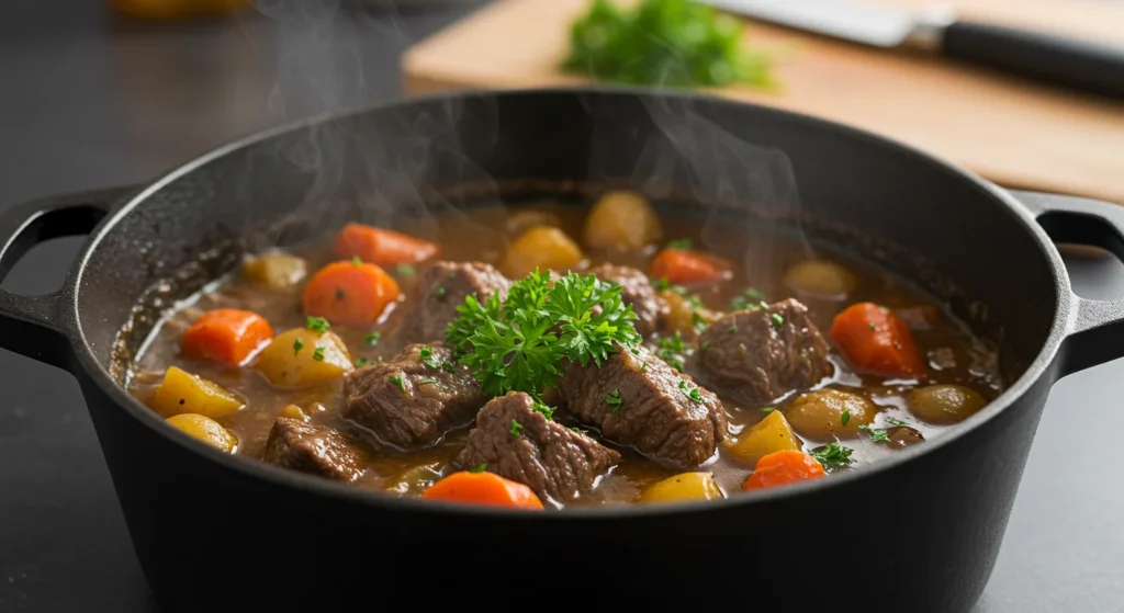 WW Beef Stew Side-angle photo of WW beef stew in a pot with beef, carrots, potatoes, broth, and parsley, steam rising in a casual kitchen setting.