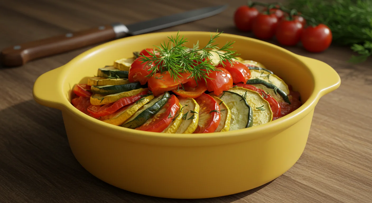 WW Zero Point Ratatouille
Side-angle shot of ratatouille in a yellow bowl, with vibrant veggies, basil garnish, and blurred kitchen props in the background.