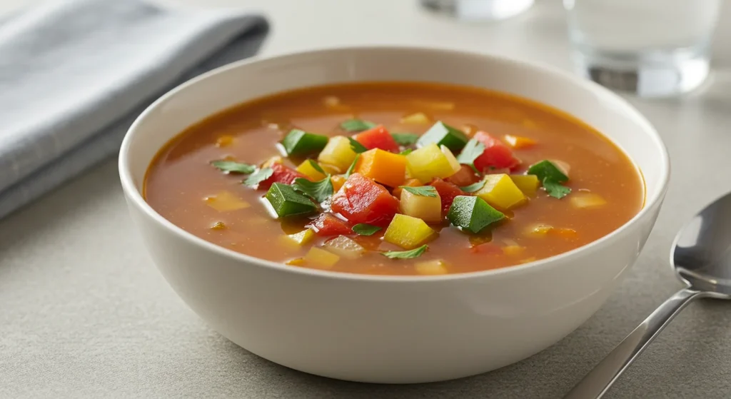 WW Veggie Soup Side-angle view of WW Veggie Soup highlighting colorful veggies in a tomato broth, captured casually with a napkin and water in the background.