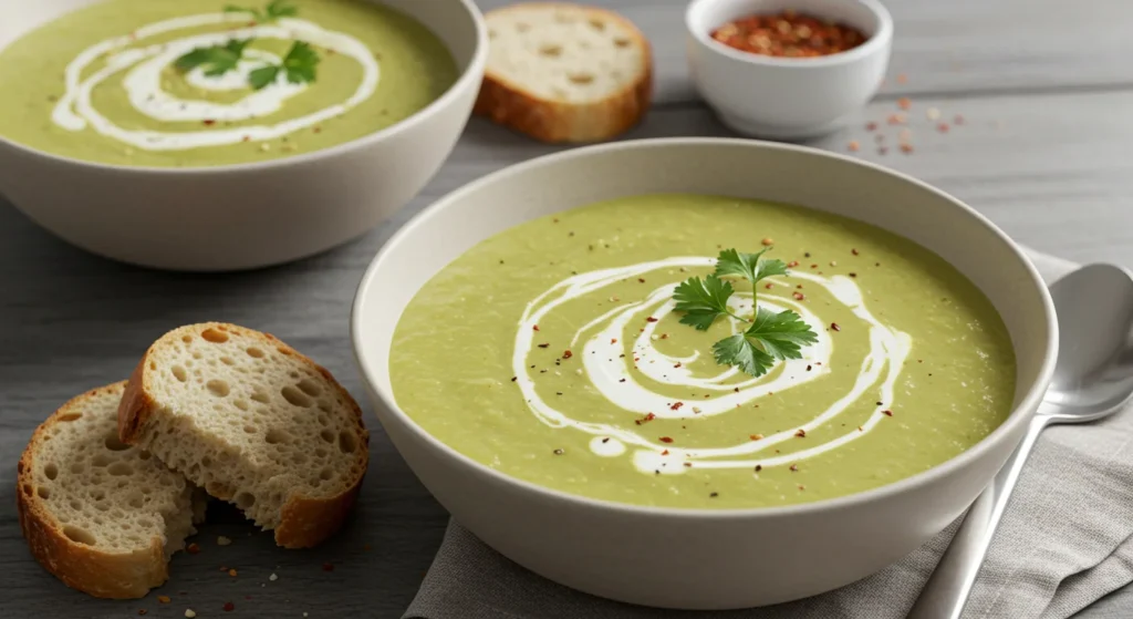 WW Zucchini Soup Table-level shot of WW zucchini soup, showing creamy green soup with yogurt swirl and garnishes, with blurred bread and seasoning in the background.