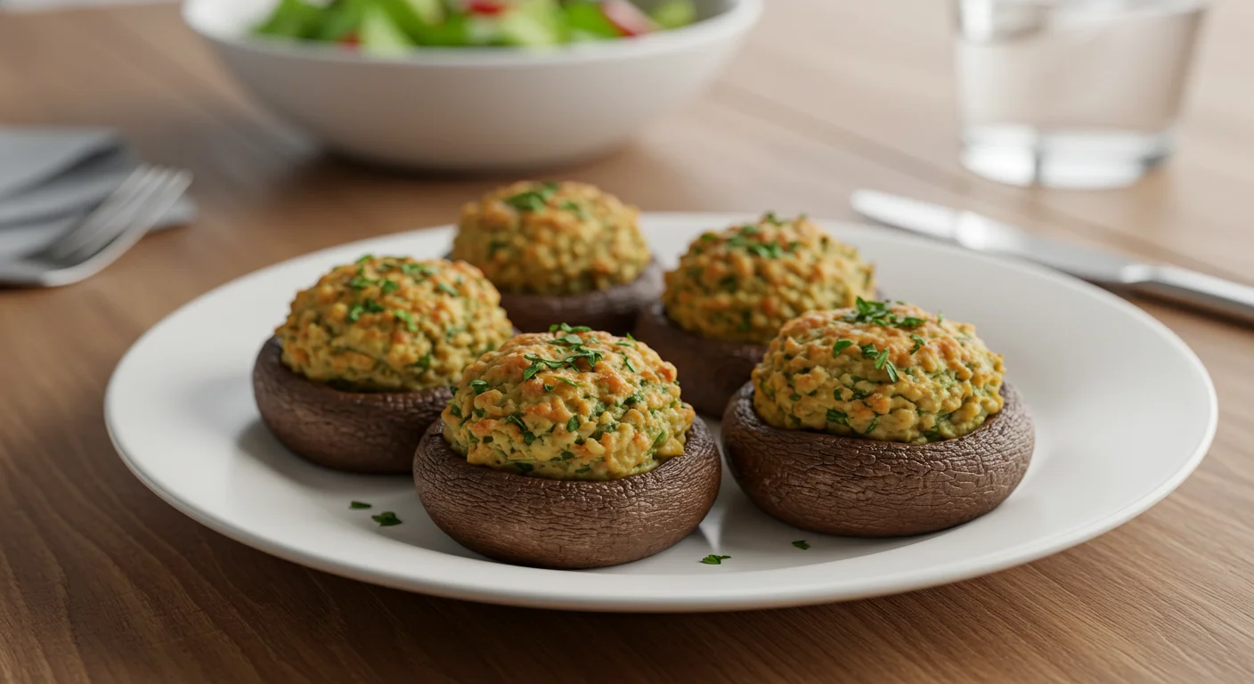 WW Stuffed Mushrooms
Close-up of WW stuffed mushrooms on a white plate, roasted and garnished with thyme, with a salad and glass in the background.